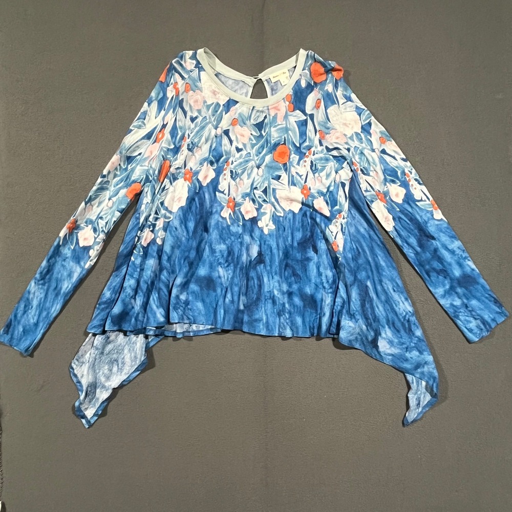 Meadow Rue Top Women Medium Blue Floral Linen Blend Sharkbite Boho Anthropologie